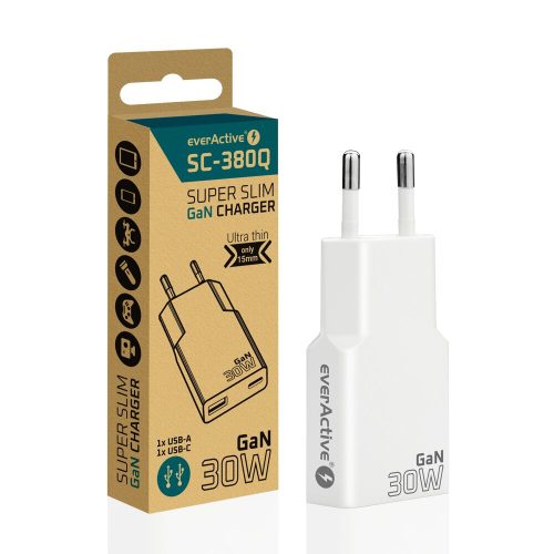 everActive GaN SUPER SLIM SC-380Q fali töltő USB QC3.0 és USB-C PD 30W aljzattal