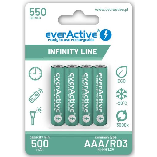 everActive R03/AAA Ni-MH 550 mAh 1,2 V Ni-Mh tölthető akkumulátor, 4 db