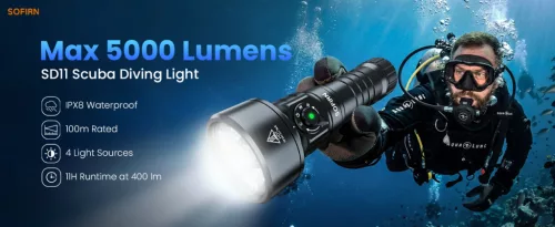 Sofirn SD11 ronilačka svjetiljka, 5000LM, CRI 90, punjiva vodootporna svjetiljka s crvenim svjetlom od 660NM, 3000K-6500K, USB-C, IPX8, s 1/4" nosačem, uzicom, za podvodnu fotografiju, ribolov, rad u vodi
