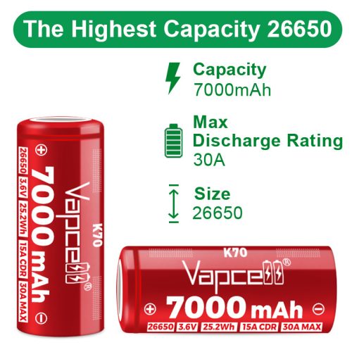 Vapcell K70 26650 7000 mah tölthető li-ion akkumulátor VÉDETT